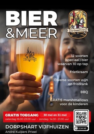 Man houdt een glas bier vast met tekst over festival Bier en Meer in Vijfhuizen.