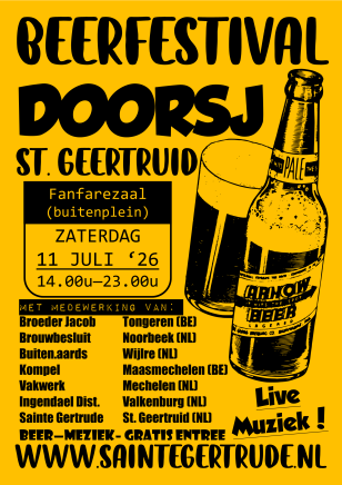 Affiche voor Bierfestival Doorsj 2026 in St. Geertruid met bierglazen en fles.