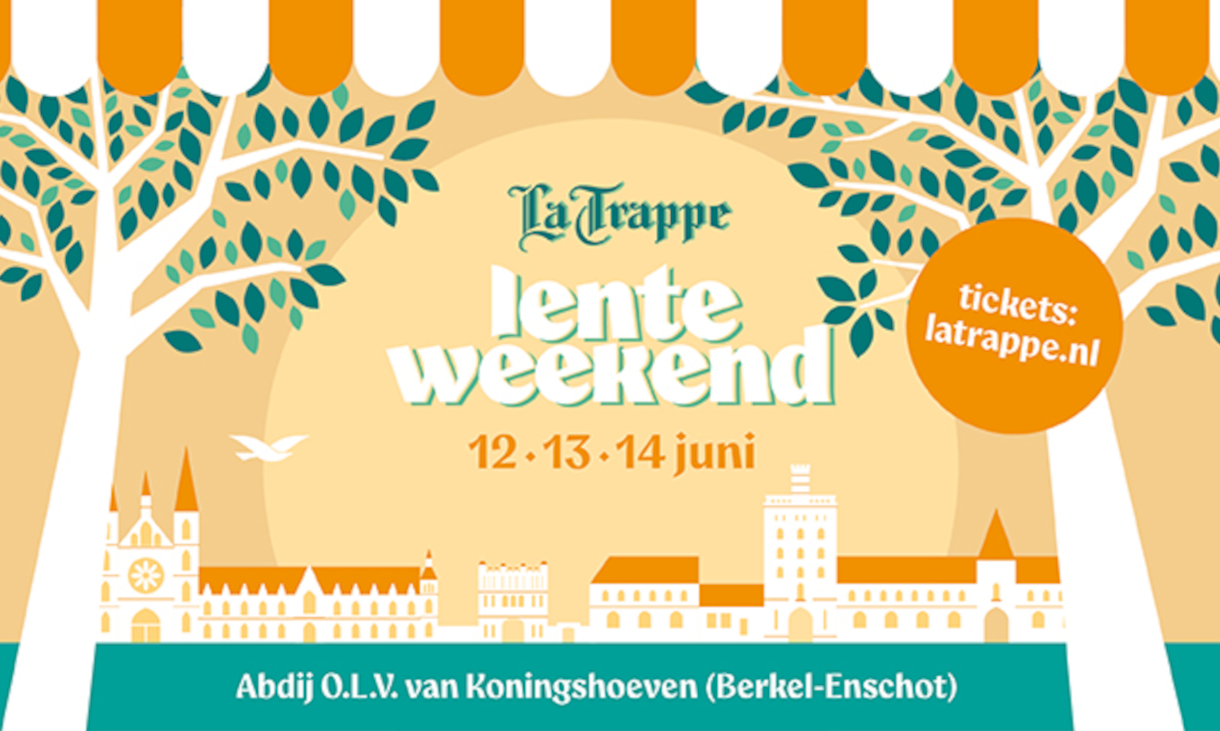 Poster van La Trappe lente weekend met een abdij, bomen en datums 12, 13, 14 juni.