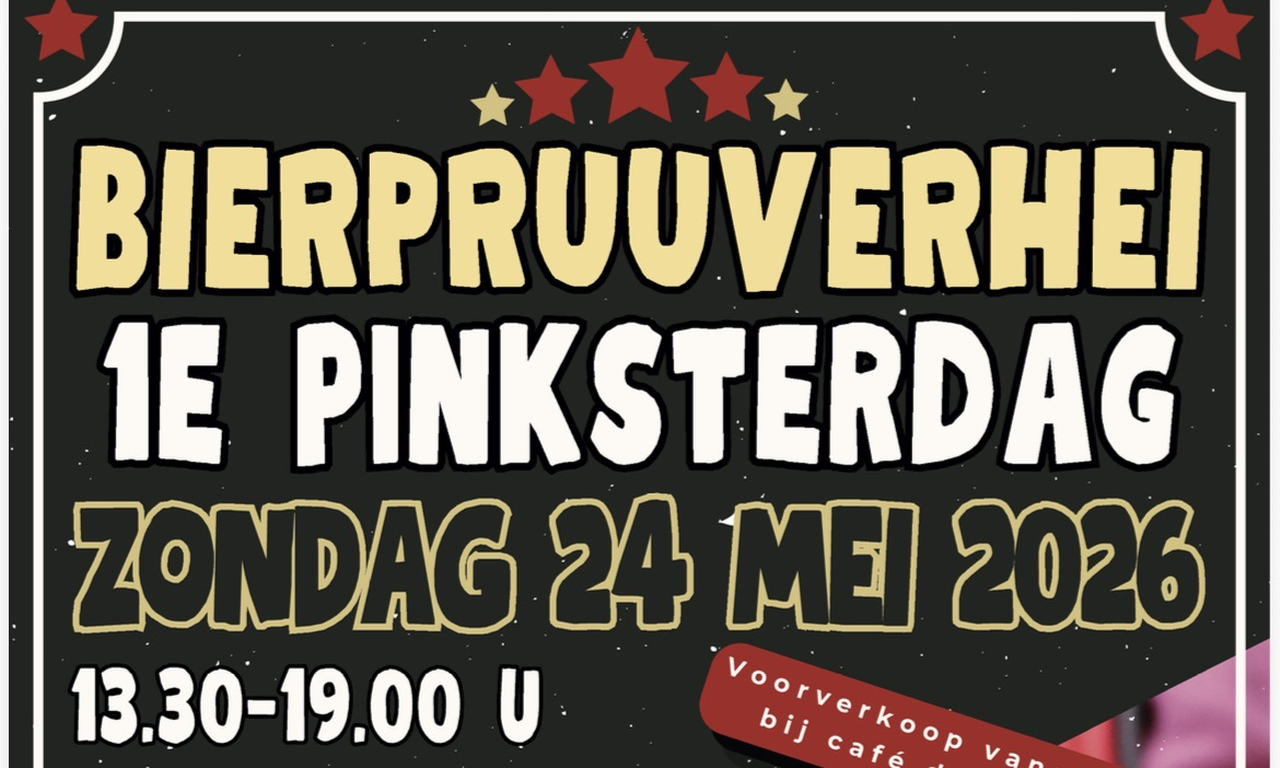 Affiche voor bierproeverij op zondag 24 mei 2026 met bierflessen en hand die bier inschenkt.
