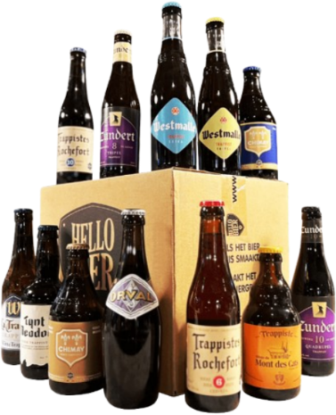 Foto van een trappisten bierpakket met 12 verschillende bieren op een kartonnen doos.