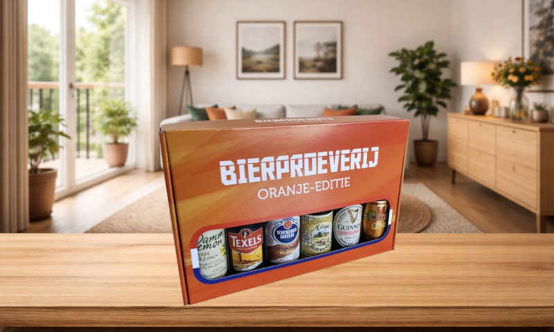 Cadeaupakket Bierproeverij Oranje-editie met zes verschillende bieren op een houten tafel in een woonkamer.