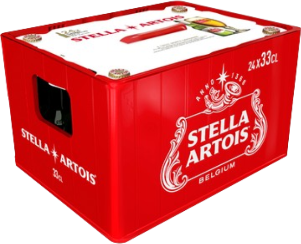 Rood krat van Stella Artois bier dat in maart 2026 op de Nederlandse markt kwam