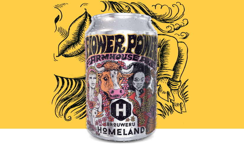 Blik bier met kleurrijke illustraties en de tekst 'Flower Power Farmhouse Ale'.