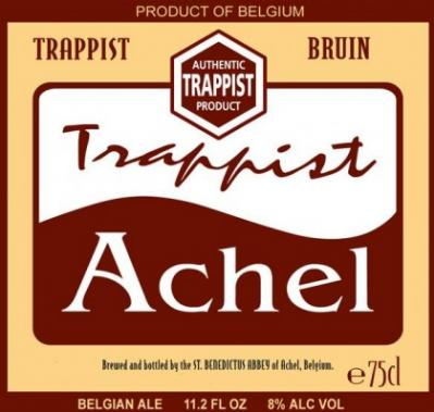 Oude etiket van Achel Bruin Trappist bier met Belgische herkomst en alcoholpercentage.