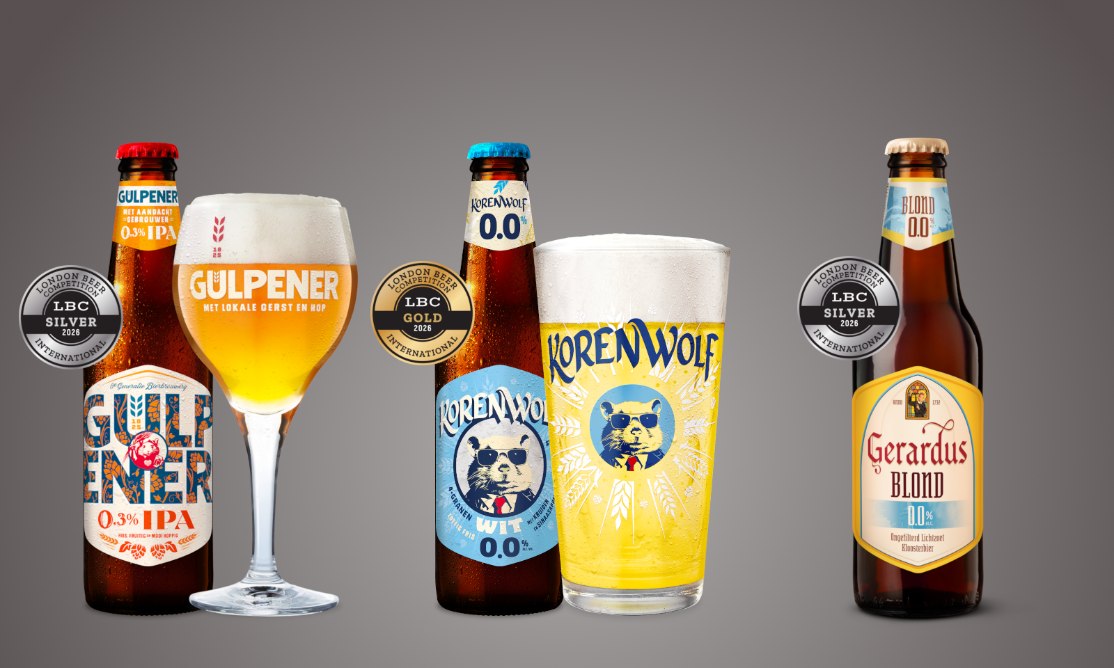 Drie flessen bier van Gulpener met medailles van London Beer Competition 2026.
