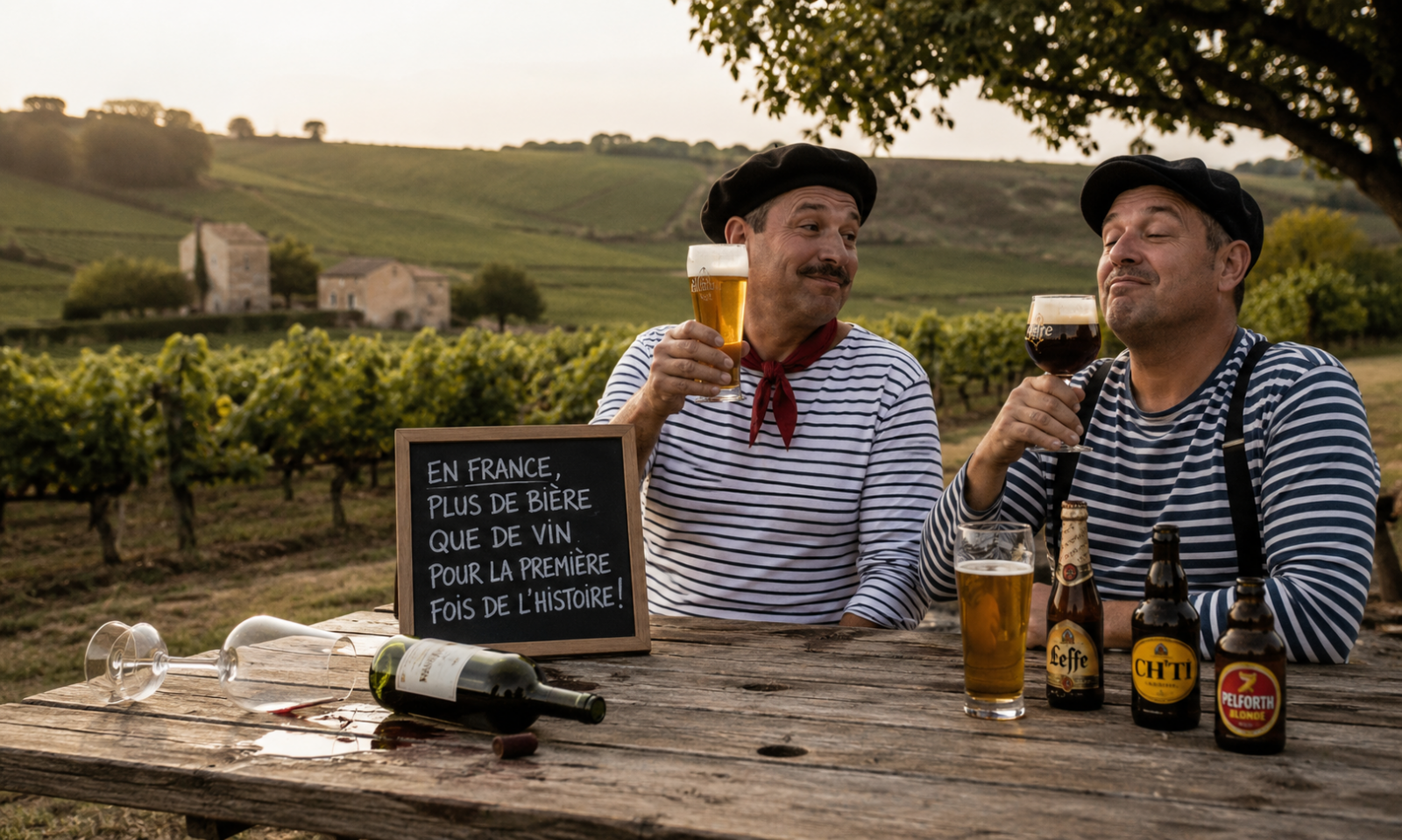 Twee mannen in Franse kleding proosten met bier in een wijngaard.