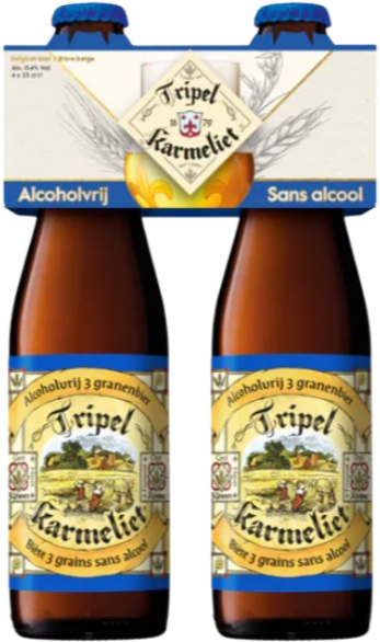 Twee flesjes Tripel Karmeliet Alcoholvrij verpakt in een 4-pack.