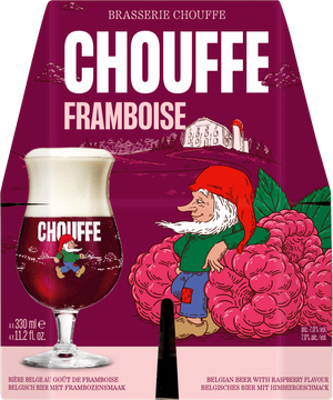 Chouffe Framboise set met vier flesjes en illustratie van kabouter met bierglas.