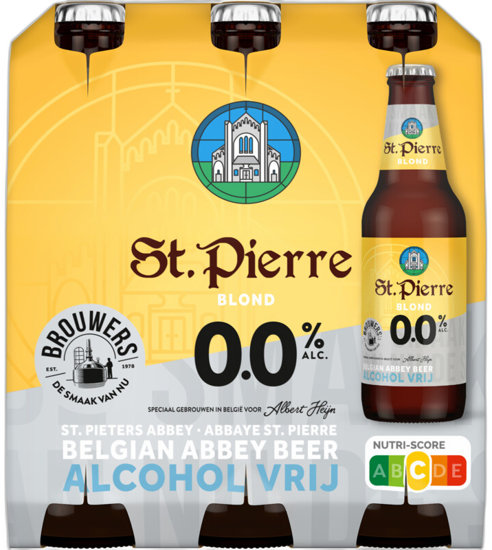 Zes-pack van St. Pierre Blond alcoholvrij bier met fles en kleurrijke verpakking.