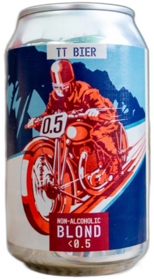 Een blikje TT Non Alcoholic blond bier van 33cl met een motorcoureur illustratie.
